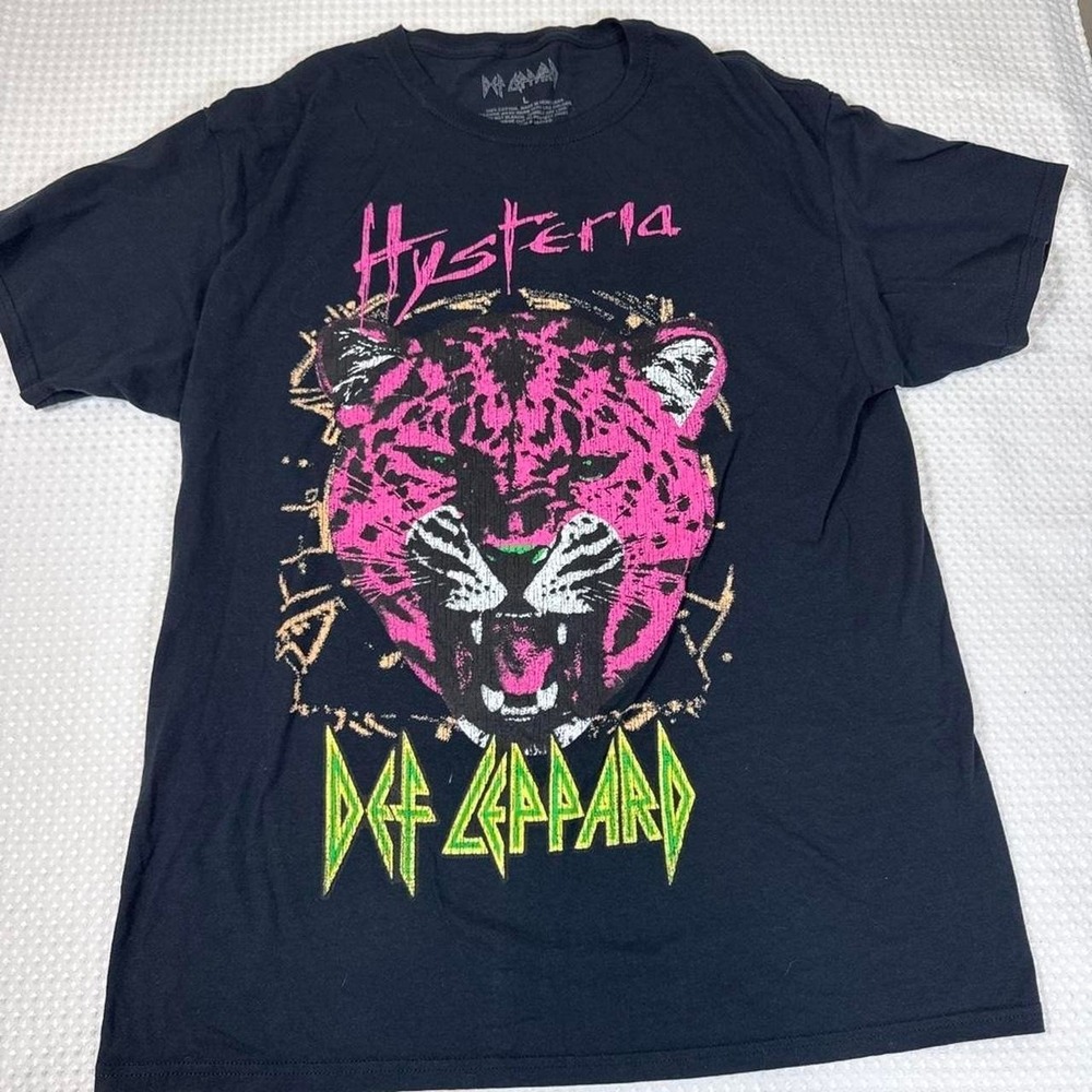 Def Leppard Graphic Tee Mens‎ L Black Excellent Hysteria Pink Leopard Rock Band